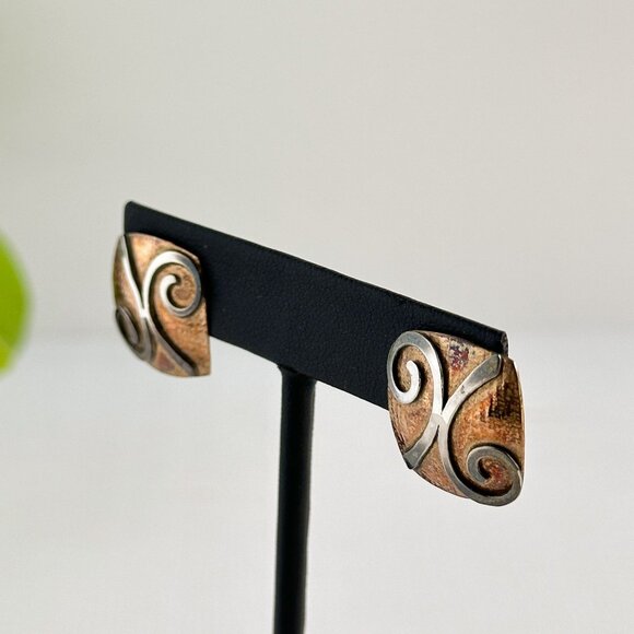 Modernist Sterling Silver & Copper Earrings For Pierced Ears 5/8" Unique Square - Picture 3 of 7